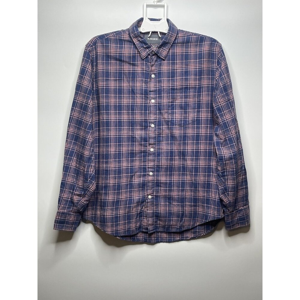 Bonobos Shirt Men’s L Standard Fit Long Pink Blue Plaid Button Long Sleeve